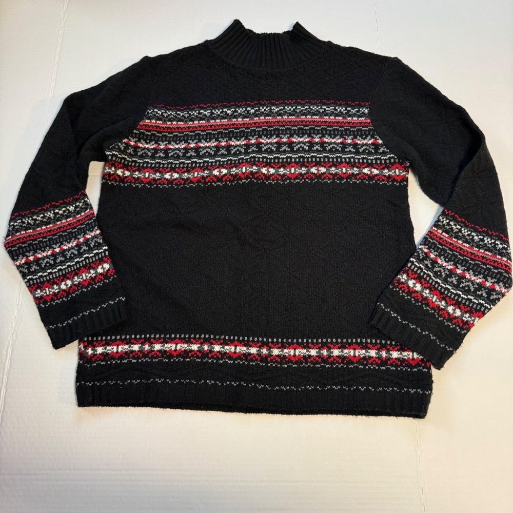 Vtg Basic Editions Turtle Neck Fair Isle Sweater‎ Black Red White Women's Medium